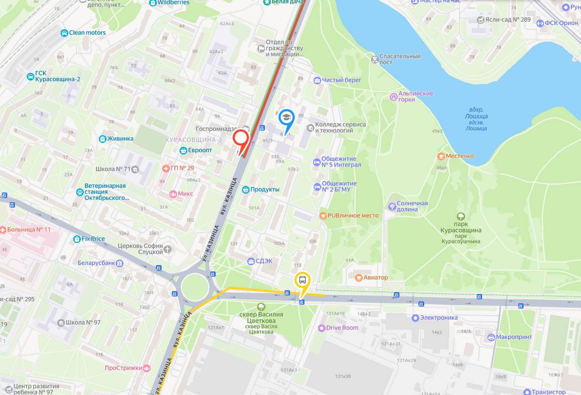 Карта проезда - ул. Казинца, 91